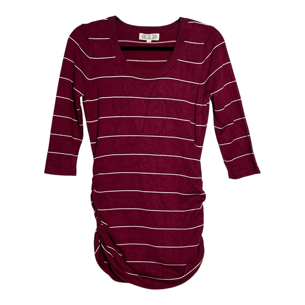 Pink Rose‎ Striped Maternity Sweater Burgundy White 3/4 Sleeve Gathered Size L